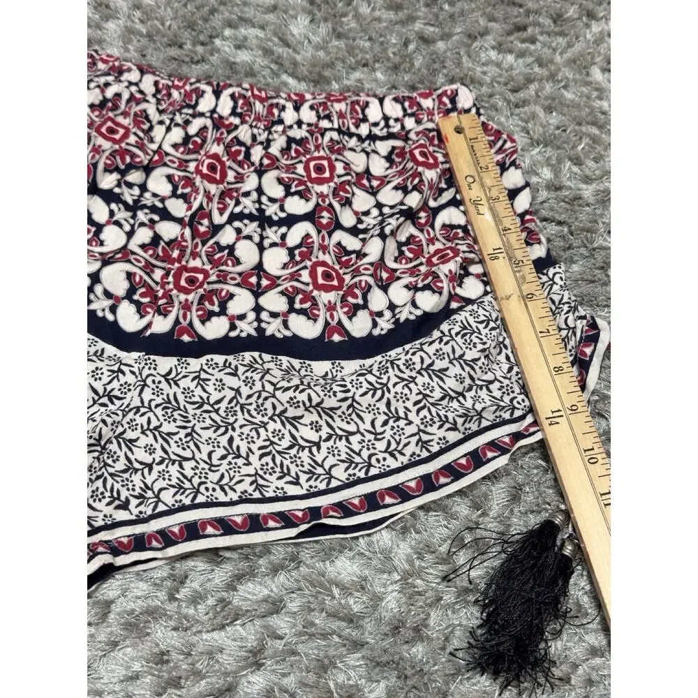 Angie Womens Boho Print Shorts Red Black White Tassel Side Tie Festival Size L - Picture 7 of 10